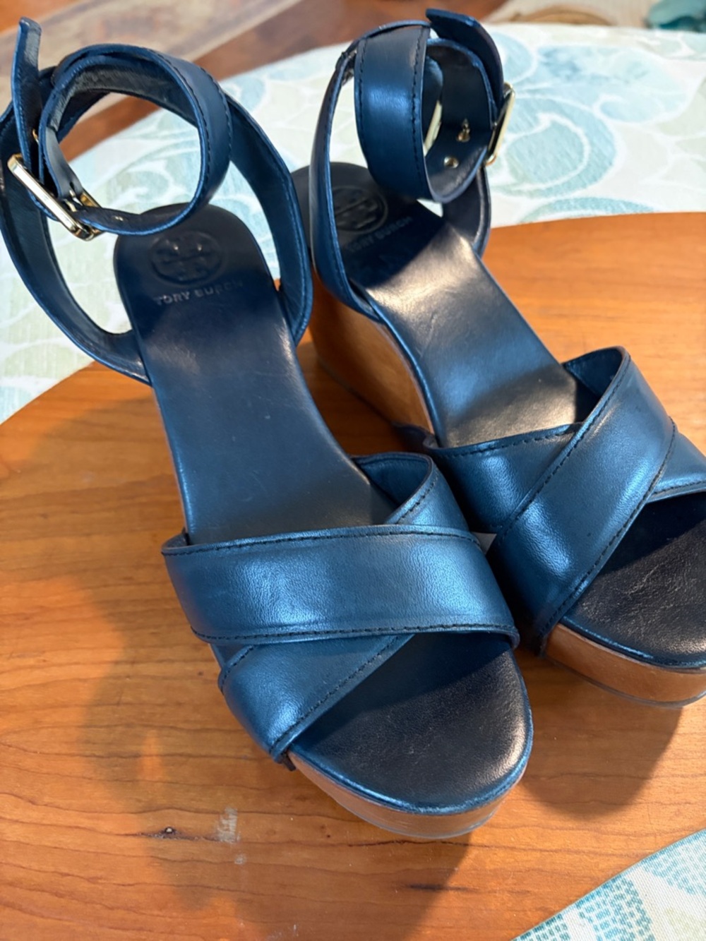 Tory Burch Navy BlueLeather Crisscross Wedge Sandals with Ankle Strap